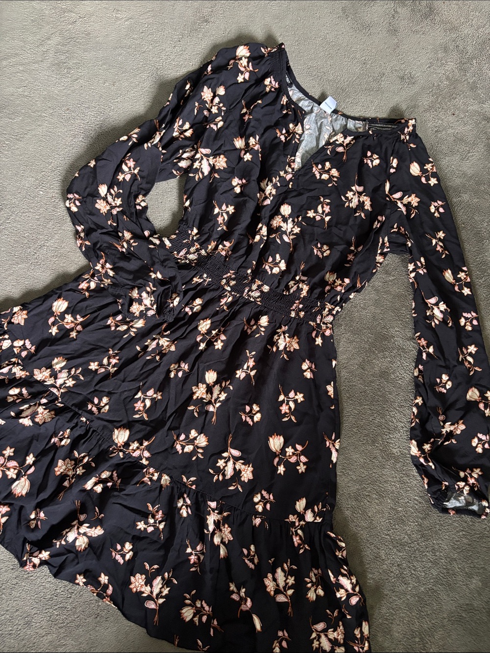 Old Navy Black Long-Sleeve Floral Midi Dress with Blush Blooms